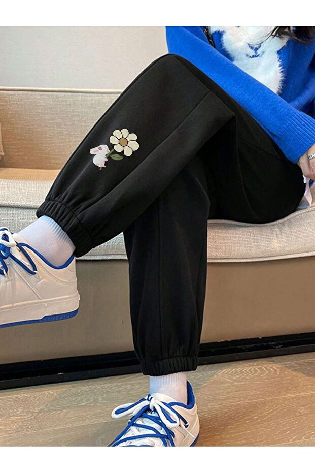 Papatya Paça Baskılı Eşofman Altı Jogger - Siyah Lastik Paça Yüksek Bel - 1