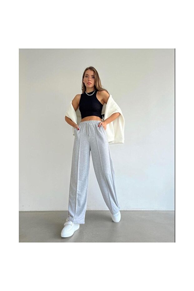 Women's Black Striped 2 Thread Wide Leg Sweatpants