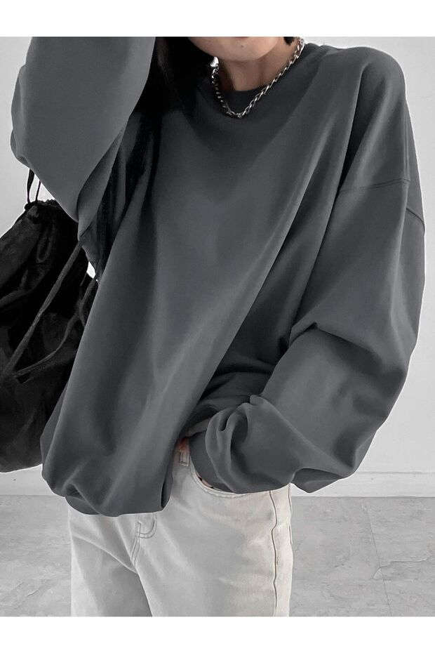 Füme Kalın Sweatshirt - Oversize Şardonlu Bisiklet Yaka - 2