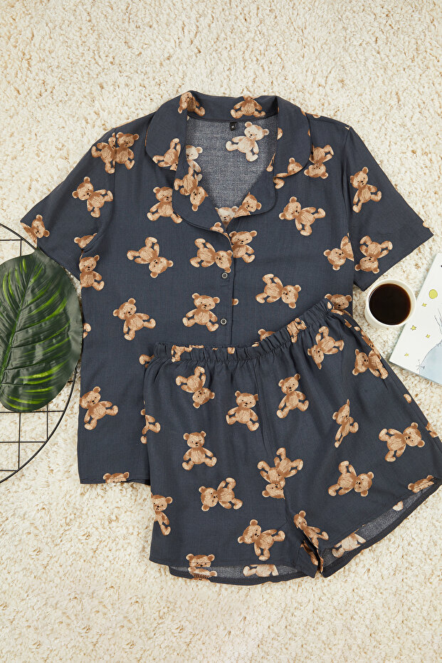 Antracytowy zestaw piżamowy z wiskozy z misiem Teddy Bear THMSS24PT00067 - 3