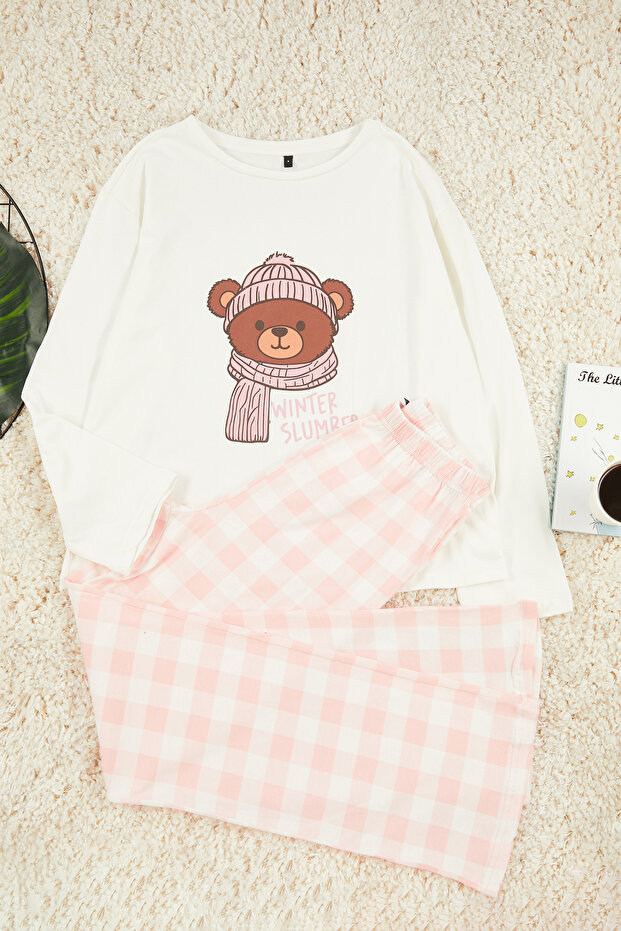 Beyaz %100 Pamuklu Ayıcıklı Ekoseli Örme Pijama Takımı THMAW25PT00088 - 3
