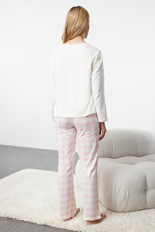 Beyaz %100 Pamuklu Ayıcıklı Ekoseli Örme Pijama Takımı THMAW25PT00088 - 6