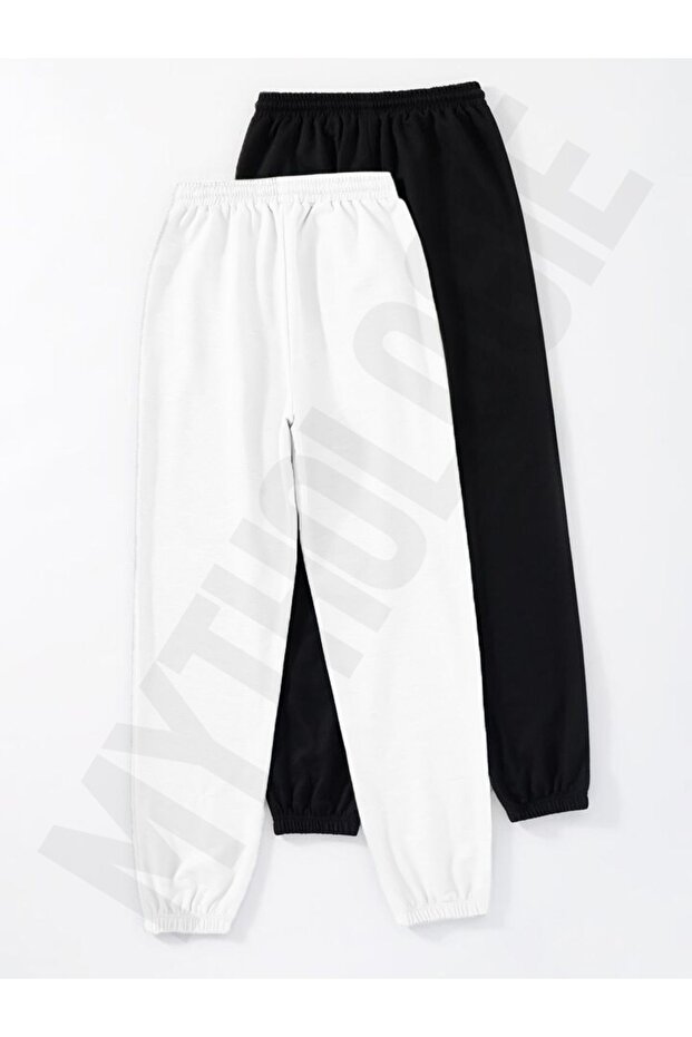 2-li Baskısız Jogger Eşofman Altı - Siyah Ve Beyaz Lastik Paça Yüksek Bel - 2