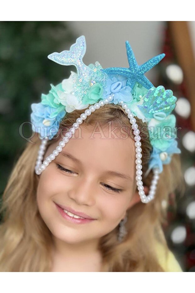 Luxury Design Mermaid Shell Tail Pearl Star Flower Birthday Party Crown Sequin Tiara Blue