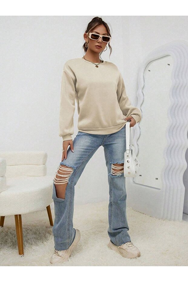 Bej Kalın Sweatshirt - Oversize Şardonlu Bisiklet Yaka - 5