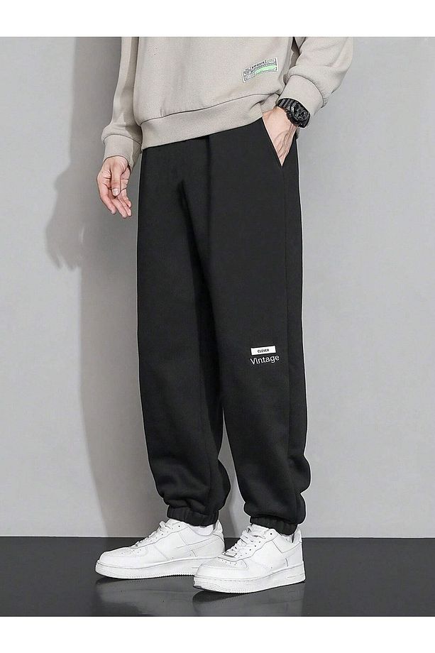 Clever Vintage Eşofman Altı Jogger - Siyah Baskılı Lastik Paça Yüksek Bel Kışlık - 1