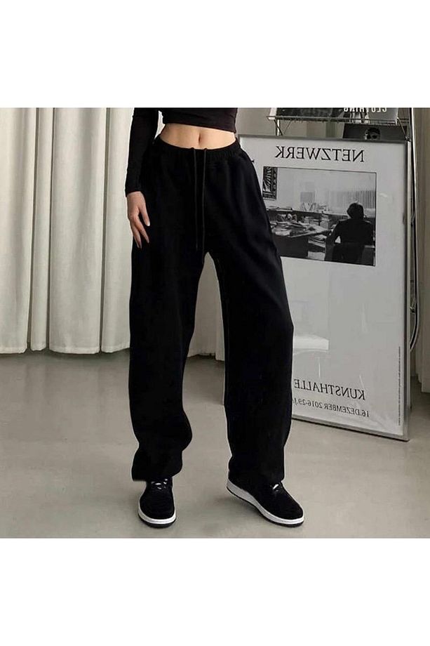 Düz Basic Eşofman Altı Jogger - Siyah Lastik Paça Yüksek Bel Kışlık - 1