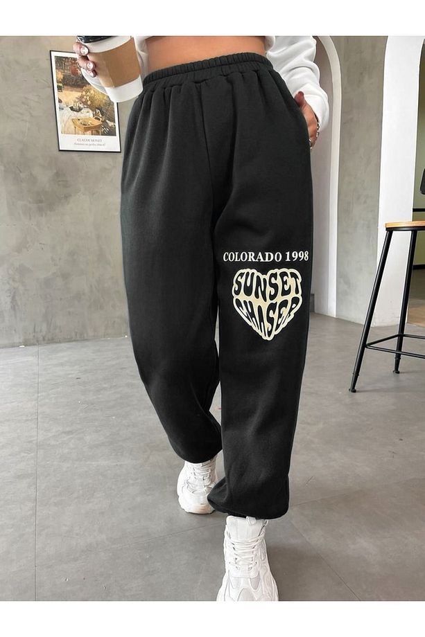 1998 Colarado Sunset Eşofman Altı Jogger - Siyah Baskılı Lastik Paça Yüksek Bel Yazlık - 1