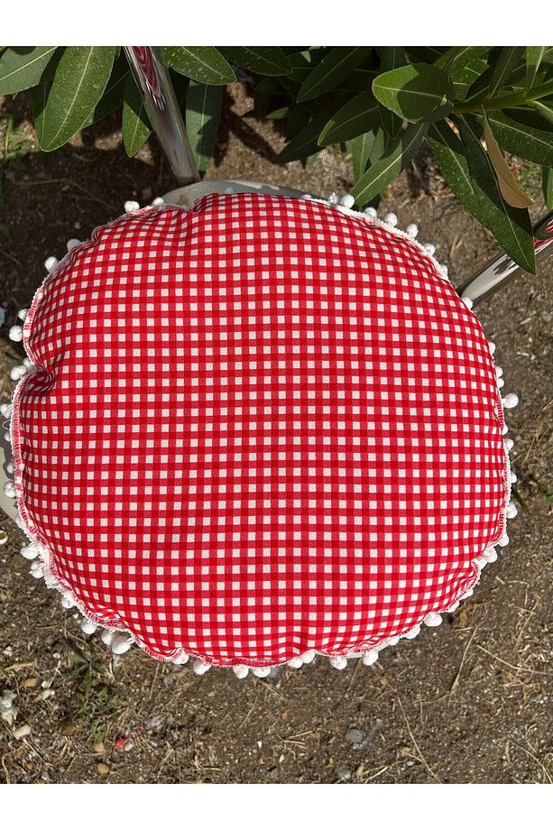 Ponponlu Sıvı Geçirmez Keten Masa Piknik Örtüsü 170 x 170 , 4 Yuvarlak Minder - 6