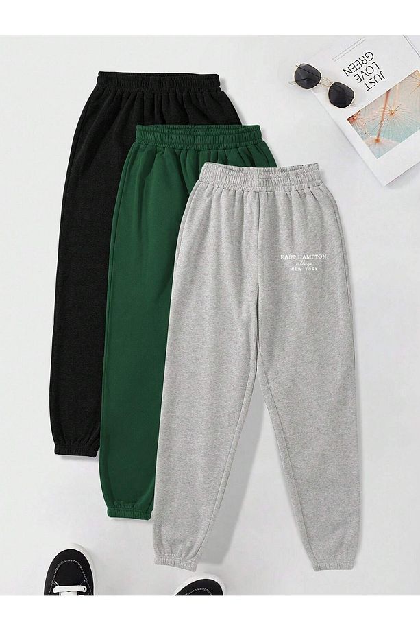 3-lü East Hampton Baskılı Jogger Eşofman Altı - Siyah Nefti Yeşil Gri Lastik Paça Yüksek Bel Yazlık - 2