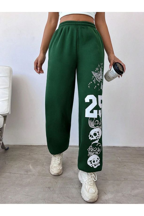 25 Skull Eşofman Altı Jogger - Nefti Yeşil Baskılı Lastik Paça Yüksek Bel Kışlık - 3