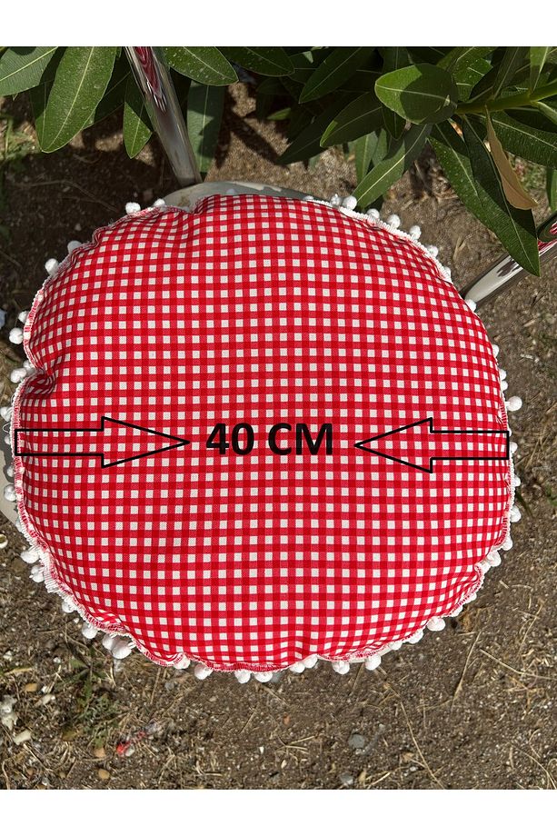 Ponponlu Sıvı Geçirmez Keten Masa Piknik Örtüsü 170 x 170 , 4 Yuvarlak Minder - 8