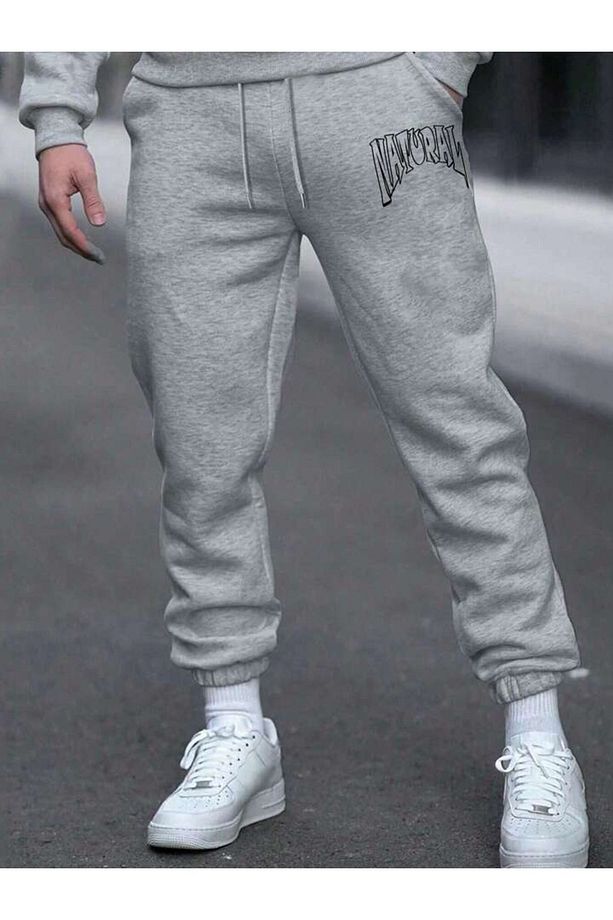 Natural Eşofman Altı Jogger Gri Baskılı Lastik Paça Yüksek Bel Kışlık - 1