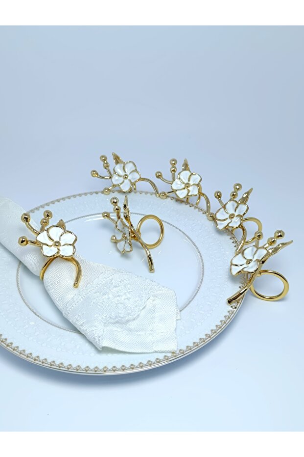 6-Piece Gold Branch Japanese Rose Patterned White Enamel Ring Napkin Ring
