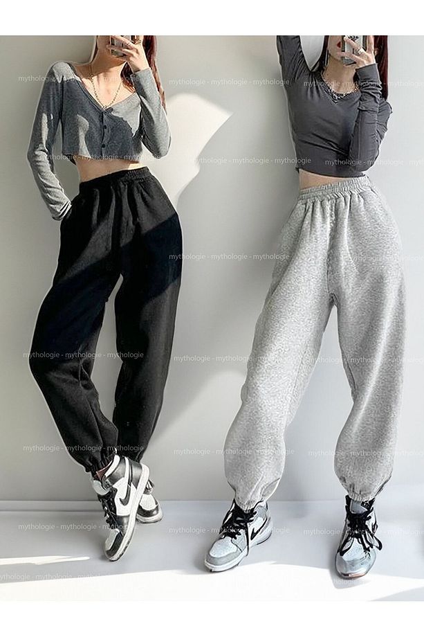 2'li Baskısız Basic Düz Eşofman Altı Jogger - Siyah Gri Lastik Paça Yüksek Bel Kışlık - 1