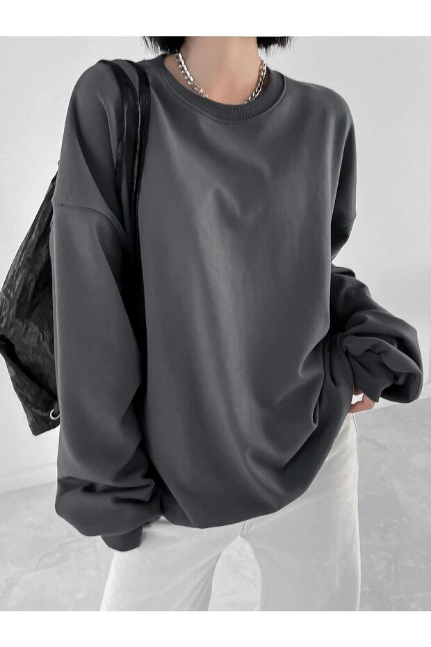 Füme Kalın Sweatshirt - Oversize Şardonlu Bisiklet Yaka - 5