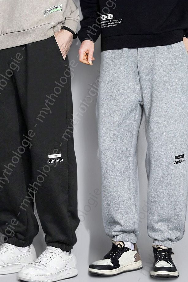 2'li Vintage Minimal Eşofman Altı Jogger - Siyah Gri Baskılı Yüksek Bel Yazlık Lastik Paça - 1