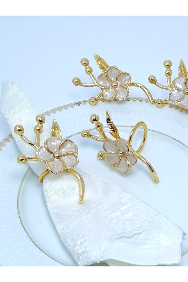6-Piece Gold Branch Japanese Rose Patterned White Mother-Of-Pearl Enamel Ring Napkin Ring