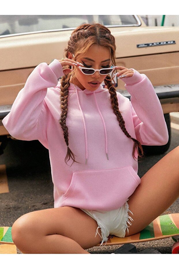 Basic Düz Kışlık Kalın Sweatshirt - Toz Pembe Oversize Şardonlu Kapüşonlu - 3