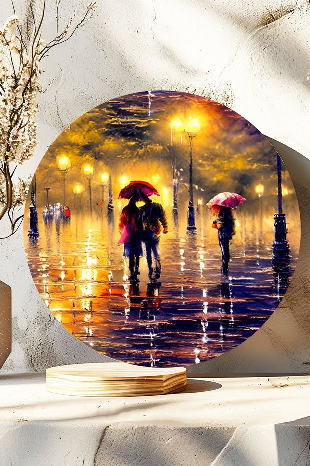 Couple Walking in the Rain Modern Wall Decor, Round Wooden Mdf Painting, Decorative Gift Ornament
