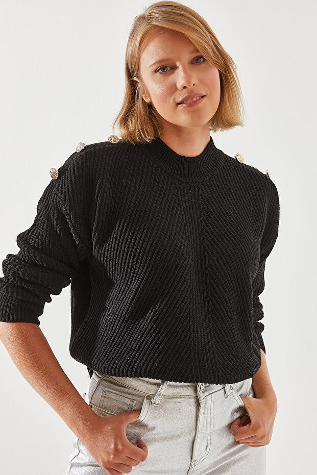 Women's Black Shoulder Button Detailed Thessaloniki Knitted Sweater 20246210