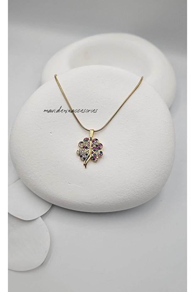 Steel Necklace Clover Pendant Colorful Clover Detailed Steel Necklace Stainless Steel