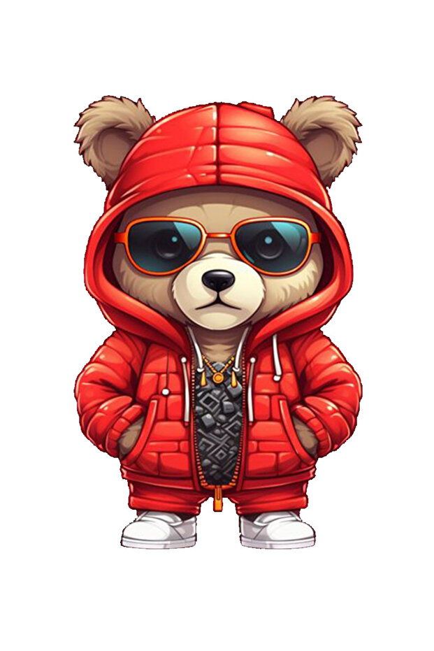 Cool Teddy Bear with Red Coat Sticker Car, Motorcycle, Helmet, Laptop, Glass Sticker 14X12 cm