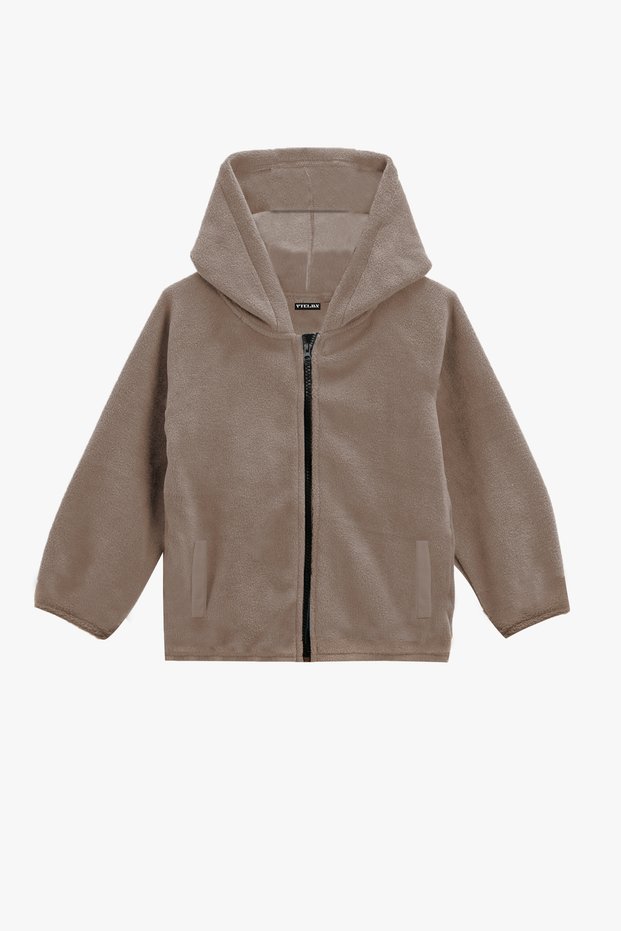 Brown Colored Boy's Fleece Jacket - Pocket and Hood