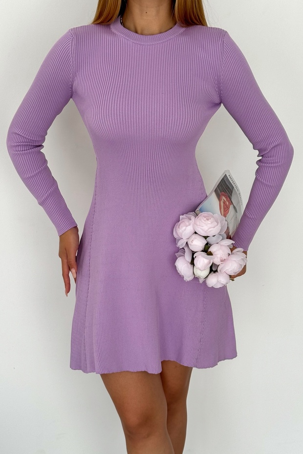 Women's Lilac Standard Size Ribbed Basic Knitwear Dress