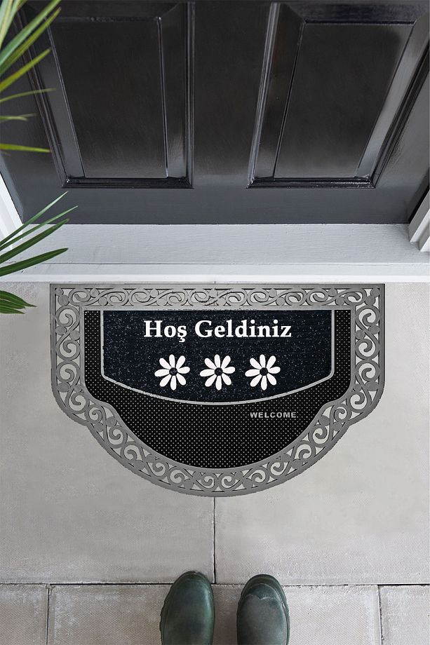 Yarım Ay Modeli hoş geldiniz Yazlı Çiçek Desenli Kapı Önü Paspası - 1