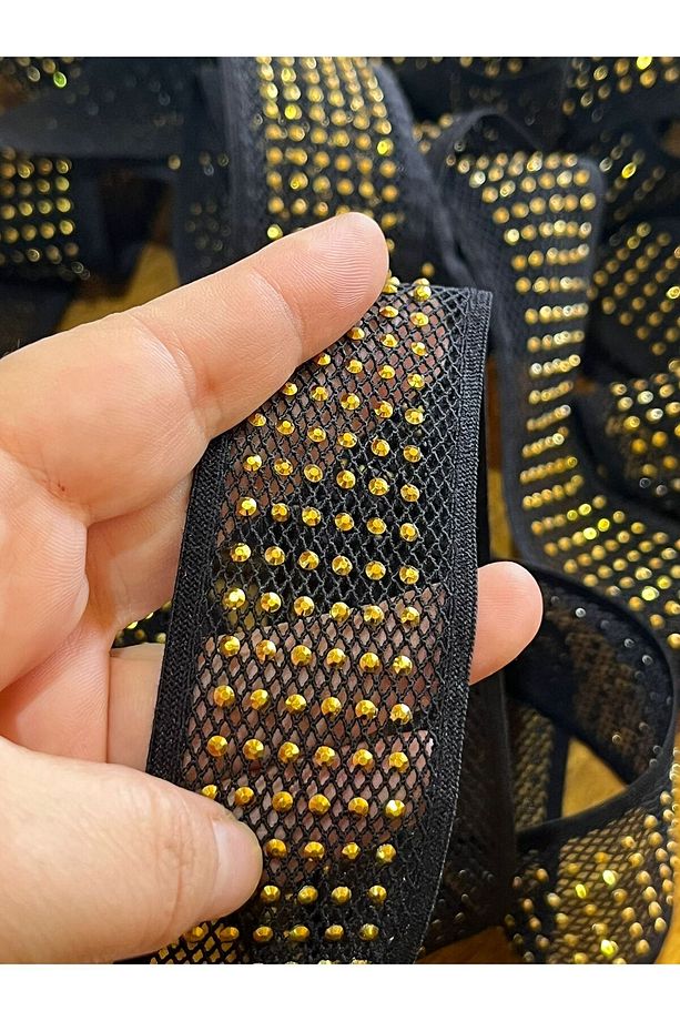 EN 4 CM LASTİKLİ SARI TAŞLI ŞERİT DİKİŞ APLİKE (1 METRE) - 1