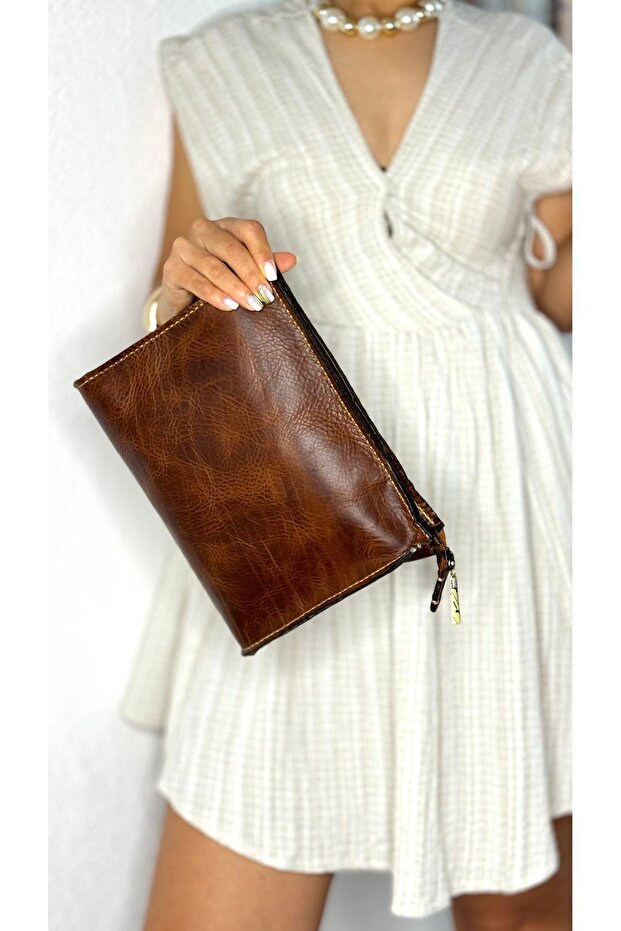 100% Real Leather Handmade Clucth Portfolio Bag Zippered Single Compartment Women's Men's Unisex Hand Bag