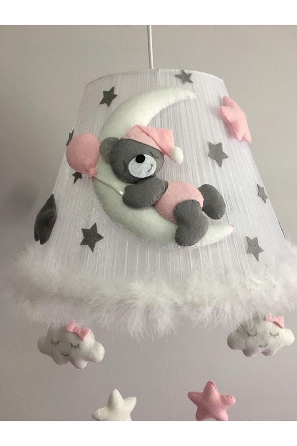 Bebek Çocuk Odası Avize Ay Ayıcık Gri Açık Pembe Beyaz Balon Yıldızlı Beyaz Tüy - 6