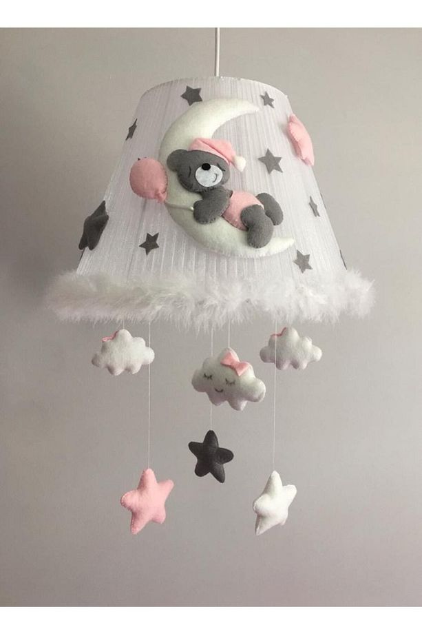 Bebek Çocuk Odası Avize Ay Ayıcık Gri Açık Pembe Beyaz Balon Yıldızlı Beyaz Tüy - 5