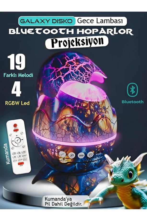 Led Dinozor Yumurta Galaxy Aurora Yıldızlı Projektör Bluetooth Hoparlör Kumandalı Gece Masa Lambası - 1