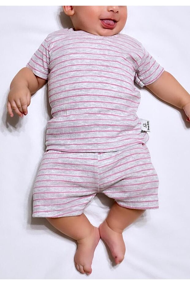 Baby Pajama Set Short Sleeve Shorts Pink Line Pattern Printed Grimelange Newborn Children's Pajamas