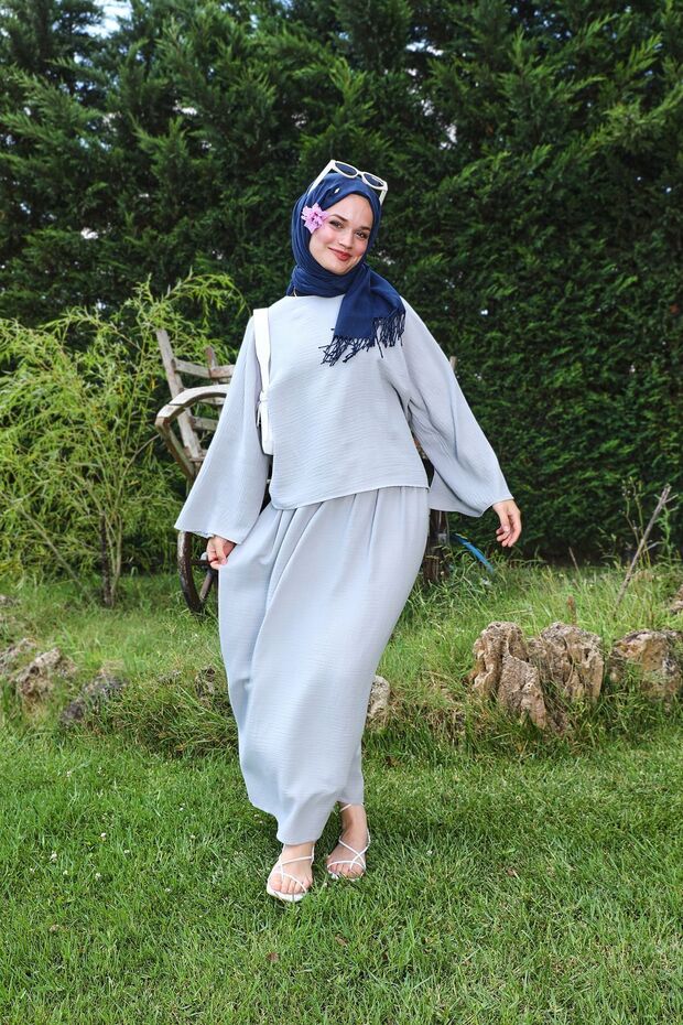 طقم موسلين رمادي كاجوال - 3