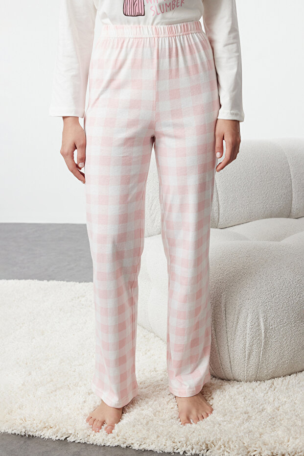 Beyaz %100 Pamuklu Ayıcıklı Ekoseli Örme Pijama Takımı THMAW25PT00088 - 5