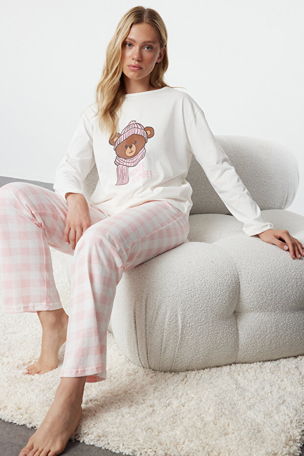 Beyaz %100 Pamuklu Ayıcıklı Ekoseli Örme Pijama Takımı THMAW25PT00088 - 2