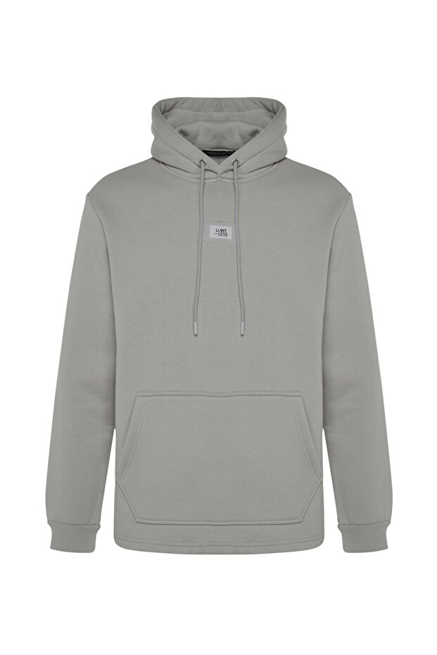 Gri Regular/Normal Kesim Kapüşonlu Etiketli İçi Polar/Sıcak Tutan Sweatshirt TMNAW24SW00076 - 7