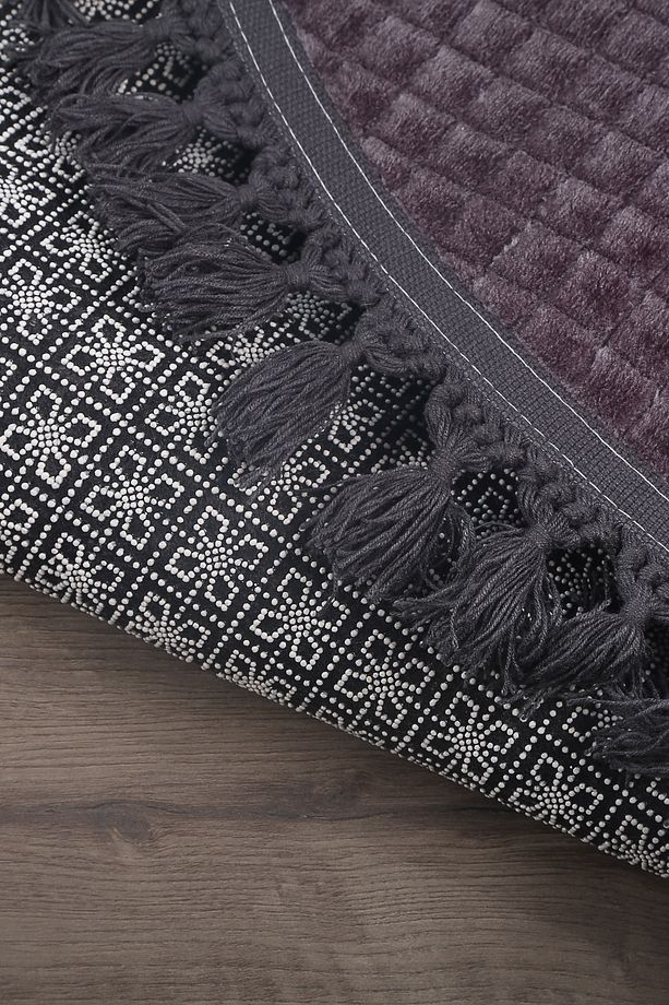 Kare Plus Antrasit Oval Ponpon Saçaklı Yolluk Kaymaz Tabanlı Makinede Yıkanabilir Yumuşak Halı - 5