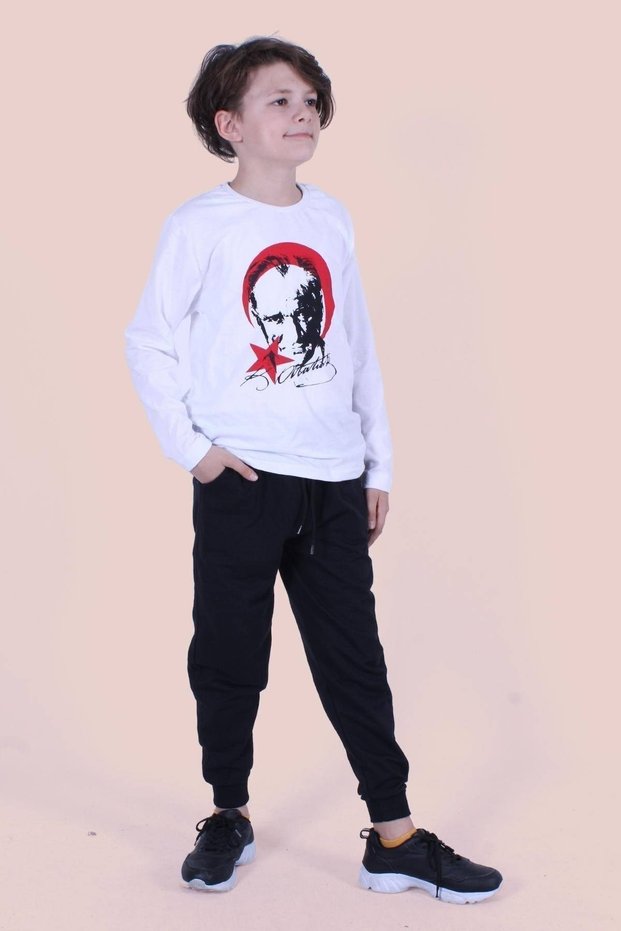 Ayyıldız-Atatürk Signature Printed Unisex Children's Long Sleeve White Top and Bottom Set