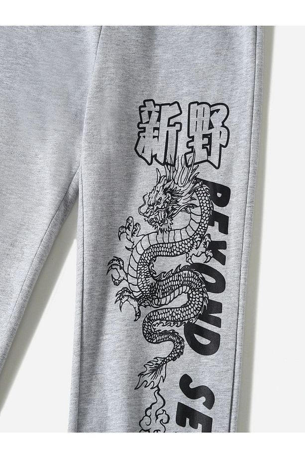 Dragon Beyond Self Eşofman Altı Jogger - Gri Baskılı Lastik Paça Yüksek Bel Kışlık - 3