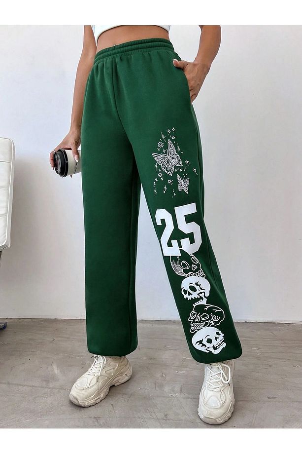 25 Skull Eşofman Altı Jogger - Nefti Yeşil Baskılı Lastik Paça Yüksek Bel Kışlık - 4