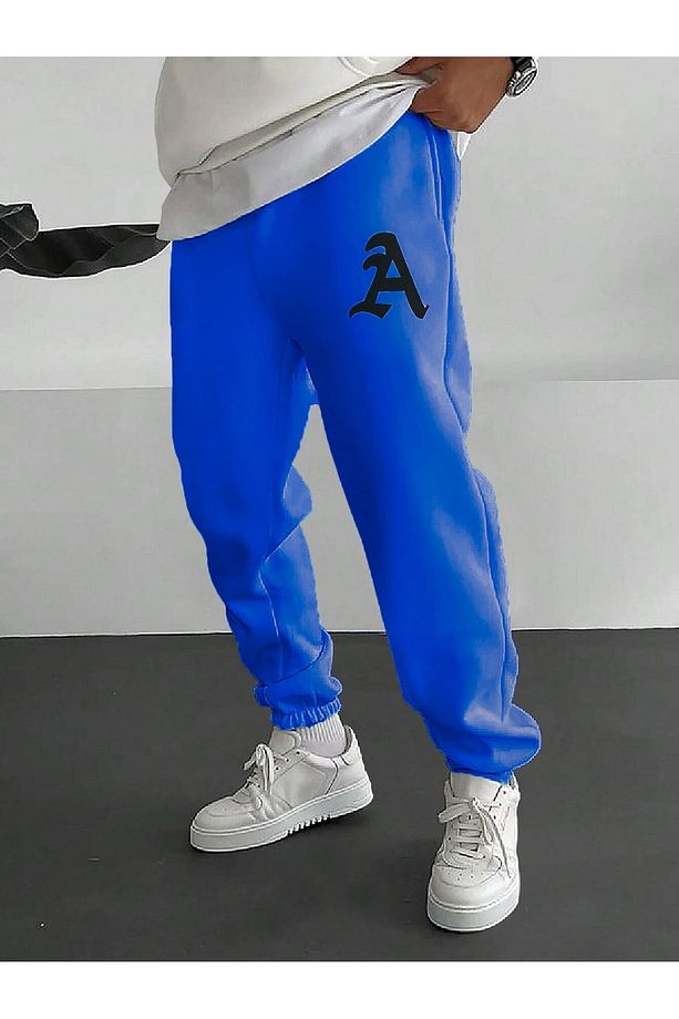 A Logo Eşofman Altı Jogger - Sax Mavi Baskılı Lastik Paça Yüksek Bel Kışlık - 1