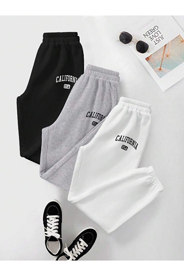 3-Piece California Usa Printed Sweatpants - Black Gray White Elastic Leg High Waist