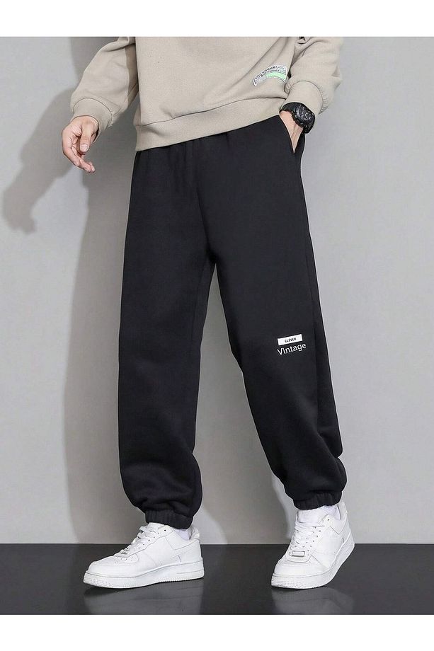 Clever Vintage Eşofman Altı Jogger - Siyah Baskılı Lastik Paça Yüksek Bel Kışlık - 2
