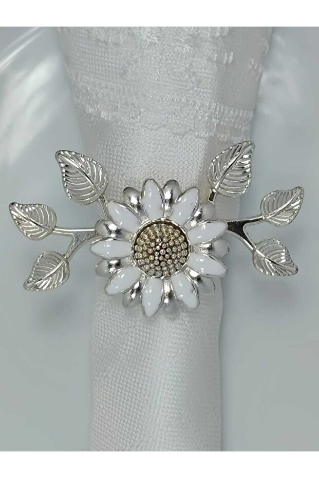 Set of 6 Silver Plated White Enamel Daisy Ring Napkin Rings with Leaves