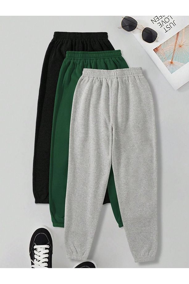 3-lü East Hampton Baskılı Jogger Eşofman Altı - Siyah Nefti Yeşil Gri Lastik Paça Yüksek Bel Yazlık - 3