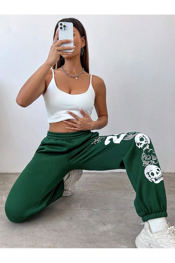 25 Skull Eşofman Altı Jogger - Nefti Yeşil Baskılı Lastik Paça Yüksek Bel Kışlık - 5